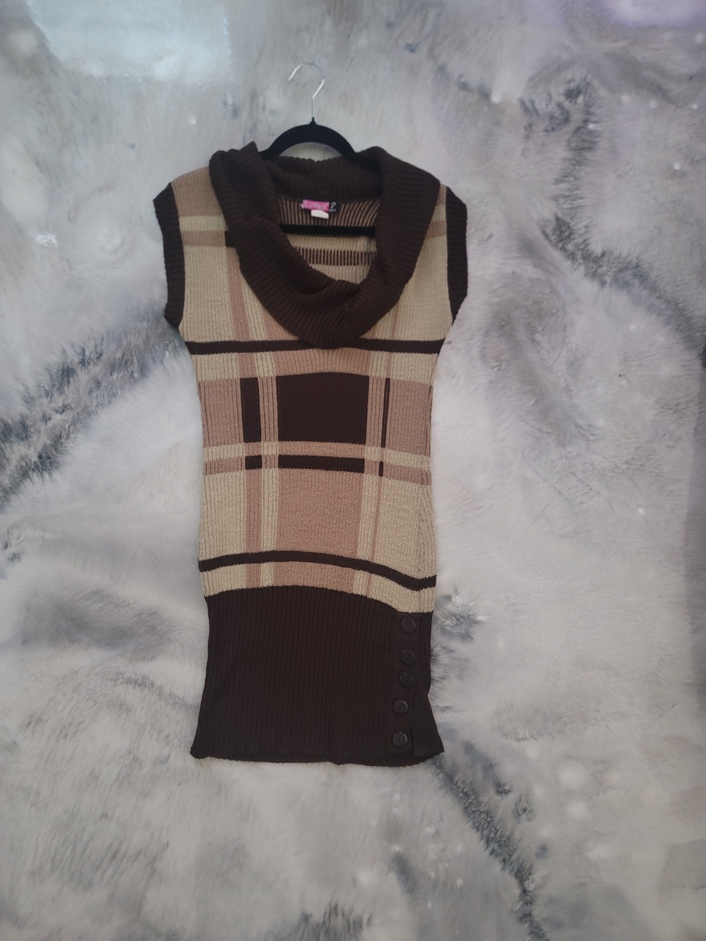Say What? Brown and Tan Plaid Sleeveless Cowl Neck Sweater Dress